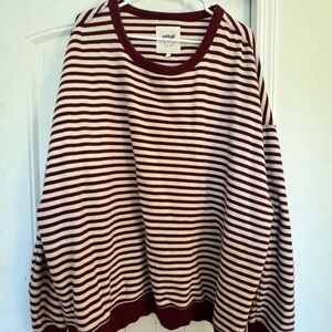 aerie Burgundy and Cream Striped Crewneck Sweatshirt